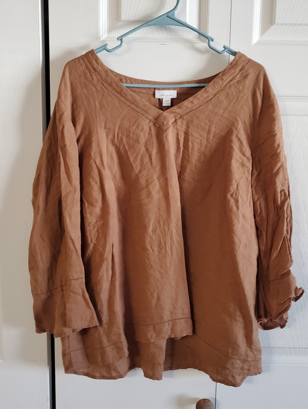 J JILL LOVE LINEN VNECK TUNIC RUST BRIWN 1X. BELL SLEEVES. LIGHTWEIGHT .